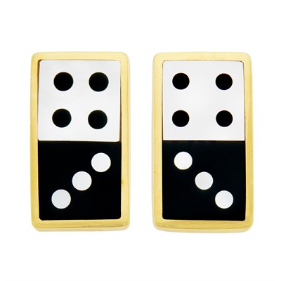 Lot 76 - Pair of Gold, Black Jade and Mother-of-Pearl Domino Earclips, Tiffany & Co.