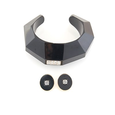 Lot 1537 - Pair of Gold, Onyx and Diamond Earclips and Bangle Bracelet