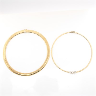 Lot 1542 - Two Gold, Low Karat Gold and Diamond Snake Link Necklaces