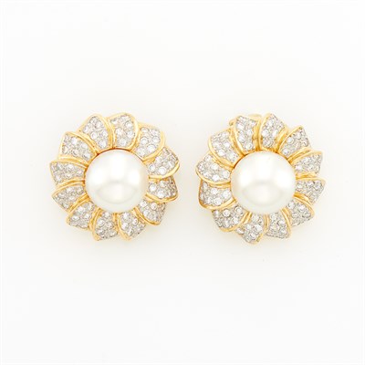 Lot 1326 - Pair of Two-Color Gold, Cultured Pearl and Diamond Earclips, Mikimoto