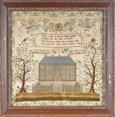 Lot 253 - English Silk-on-Linen Pictorial Sampler Worked...