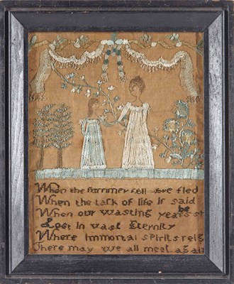Lot 285 - Silk-on-Linen Needlework Pictorial Sampler...