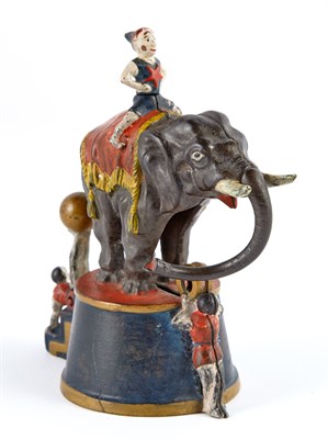 Lot 15 - Elephant and Three Clowns Cast Iron Mechanical...