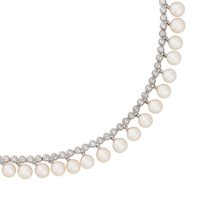 Lot 200 - White Gold, Diamond and Freshwater Pearl Fringe Necklace