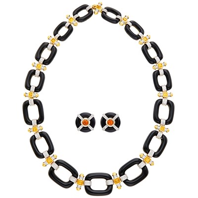 Lot 701 - Two-Color Gold, Black Onyx, Citrine and Diamond Link Necklace and Pair of Earclips