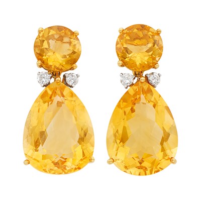 Lot 730 - Pair of Gold, Citrine and Diamond Pendant-Earclips
