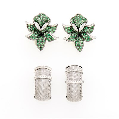 Lot 1374 - Pair of White Gold and Diamond Hoop Earrings and Green Garnet and Diamond Flower Earclips