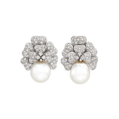 Lot 199 - Pair of White Gold, Baroque Cultured Pearl and Diamond Flower Earclips