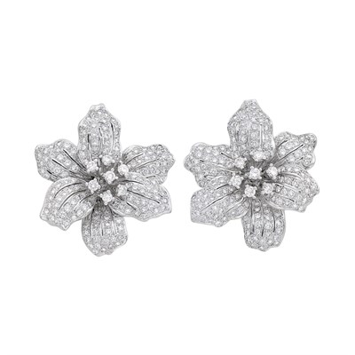 Lot 208 - Pair of White Gold and Diamond Flower Earclips