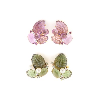 Lot 1362 - Two Pairs of Gold, Carved Glass and Amethyst Cluster Earclips