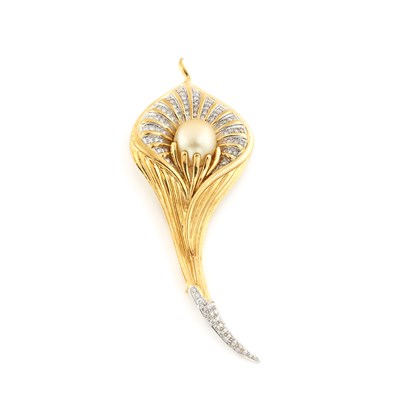 Lot 1506 - Two-Color Gold, Diamond and Golden Cultured Pearl Calla Lily Brooch
