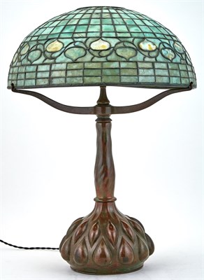 Lot 244 - Tiffany Studios Bronze and Leaded Glass Leaf...