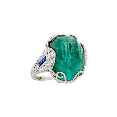 Lot 527 - Platinum, Cabochon Tourmaline, Diamond and Sapphire Ring