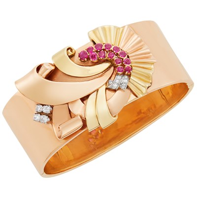 Lot 637 - Tricolor Gold, Ruby and Diamond Ribbon Cuff Bangle Bracelet