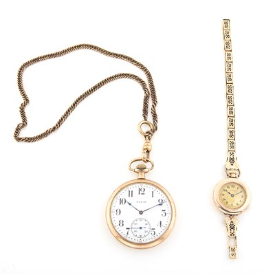 Lot 1600 - Low Karat Gold, Gold-Filled Wristwatch and Pocket Watch with Chain