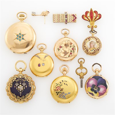 Lot 1742 - Seven Gold and Gilt-Metal Pendant and Pocket Watches, Gold Slide Ring and Tie Tac