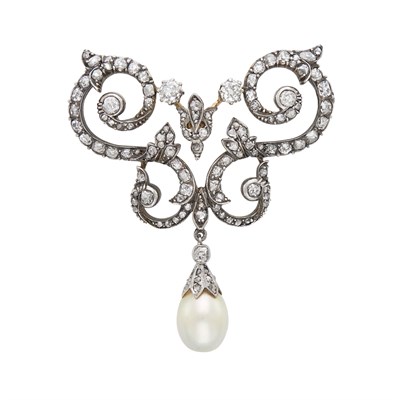 Lot 811 - Antique Silver, Gold, Diamond and Natural Pearl Brooch