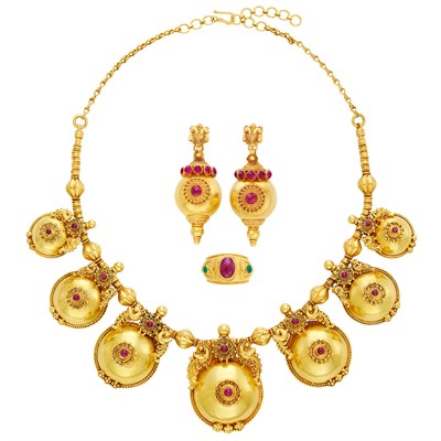 Lot 310 - Gold and Cabochon Ruby Necklace, Pair of Gold and Simulated Ruby Pendant-Earrings and Cabochon Ruby Ring