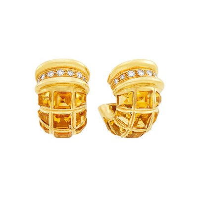 Lot 438 - Pair of Gold, Citrine and Diamond Hoop Earclips