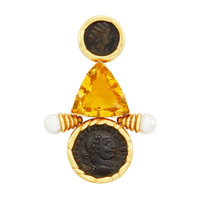 Lot 48 - Gold, Bronze Coin, Citrine and Cultured Pearl Clip-Brooch