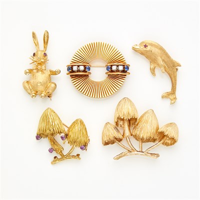 Lot 1500 - Five Gold and Gem-Set and Diamond Brooches