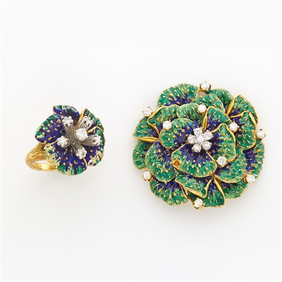 Lot 1089 - Gold, Enamel and Diamond Flower Pin and Ring