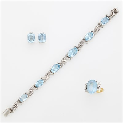 Lot 1071 - White Gold, Aquamarine and Diamond Bracelet, Ring and Pair of Earclips