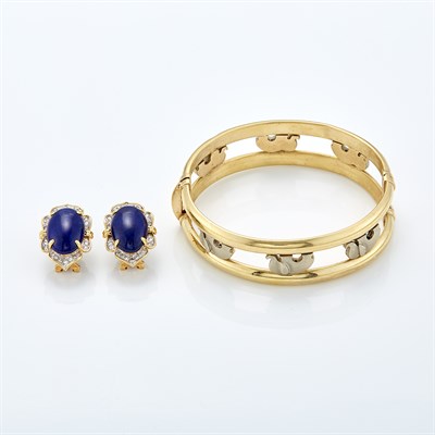 Lot 1479 - Two-Color Gold Elephant Bangle and Pair of Lapis and Diamond Earrings
