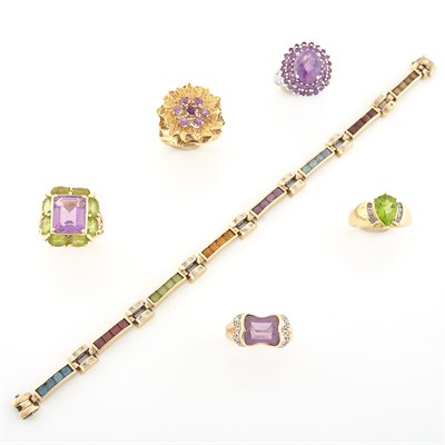 Lot 1517 - Five Gold, White Gold, Gem-Set and Diamond Rings and Bracelet