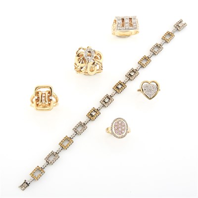 Lot 1515 - Five Gold and Diamond Rings and Square Link Bracelet