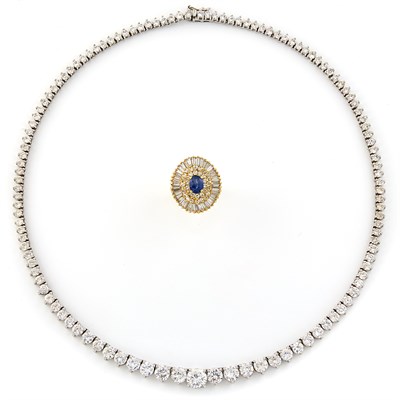 Lot 1501 - Gold, Diamond and Sapphire Ballerina Ring and Silver and Cubic Zirconia Necklace