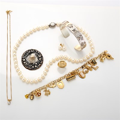 Lot 1692 - Group of Gold, Silver, Metal and Cultured Pearl Jewelry