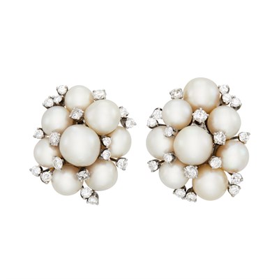 Lot 763 - Pair of White Gold, Cultured Pearl and Diamond Earrings