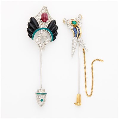 Lot 1086 - Two White Gold, Diamond and Gem-Set Stick Pins