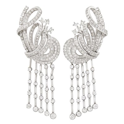 Lot 234 - Pair of Platinum and Diamond Fringe Pendant-Earrings