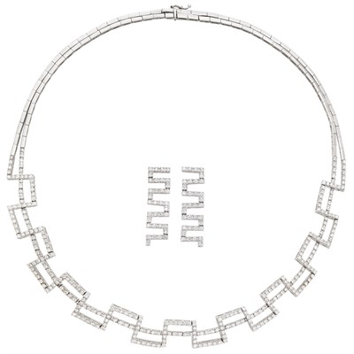 Lot 215 - Double Strand White Gold and Diamond Necklace and Pair of Pendant-Earrings