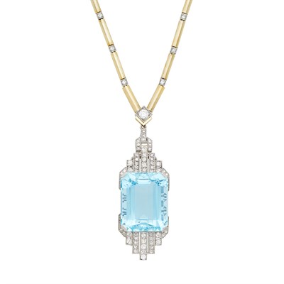 Lot 194 - Platinum, White Gold, Aquamarine and Diamond Pendant Clip-Brooch Necklace
