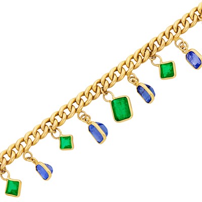 Lot 60 - Gold, Sapphire and Emerald Fringe Curb Link Bracelet