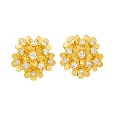 Lot 346 - Pair of Gold and Diamond Flower Dome Earclips