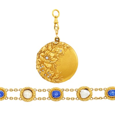 Lot 1223 - Antique Gold, Sapphire and Freshwater Pearl Charm Bracelet and Art Nouveau Locket