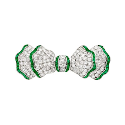 Lot 532 - Platinum, Diamond and Emerald Bow Brooch