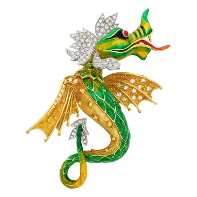 Lot 662 - Two-Color Gold, Enamel and Diamond Dragon Clip-Brooch