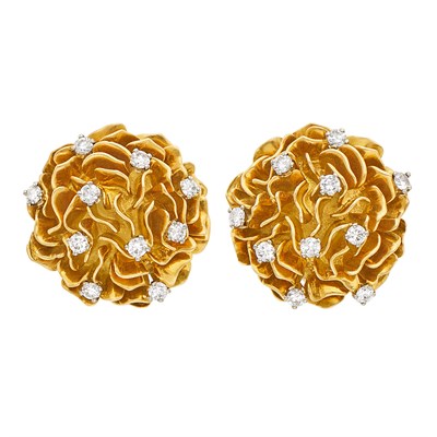 Lot 671 - Pair of Gold and Diamond Flower Earclips, Spritzer & Fuhrmann