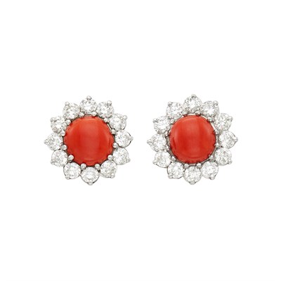 Lot 1265 - Pair of Platinum, Coral and Diamond Earrings