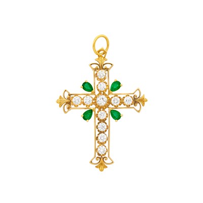 Lot 139 - Gold, Diamond and Emerald Cross Pendant-Brooch