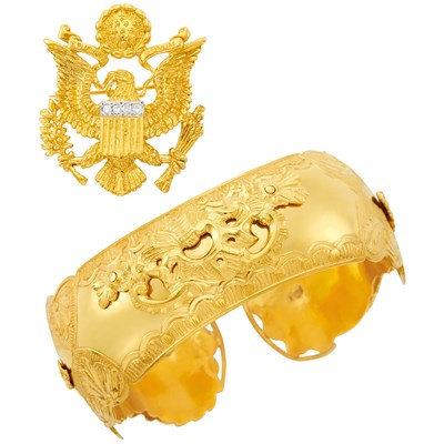 Lot 311 - Gold Bangle Bracelet and Gold and Diamond Eagle Brooch