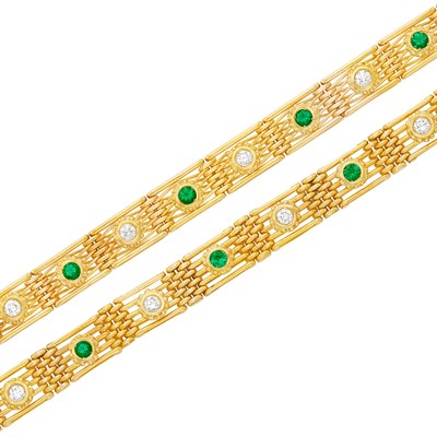 Lot 746 - Pair of Gold, Emerald and Diamond Bracelets