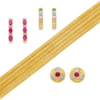 Lot 1502 - Five Strand Gold and Diamond Bracelet and Three Pairs of Gold, Ruby and Diamond Earrings