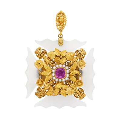Lot 132 - Georgian Gold, White Chalcedony, Amethyst and Split Pearl Maltese Cross Pendant