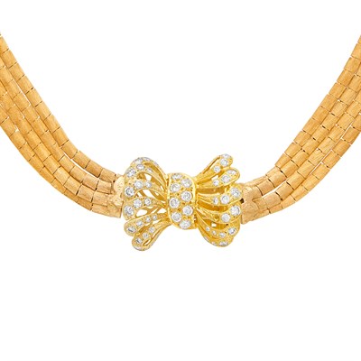 Lot 686 - Four Strand Rose Gold Necklace with Diamond Bow Clasp